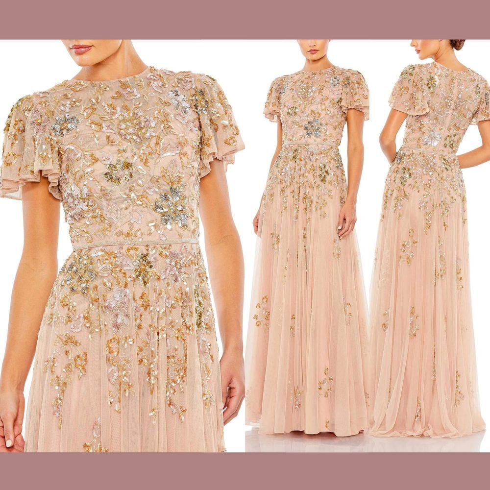 NWT$798 Mac‎ Duggal [ 18 ] 5717 Embellished Butterfly Sleeve High Neck Gown Nude